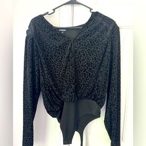 Express Velour Leopard Print Black Bodysuit Size Small